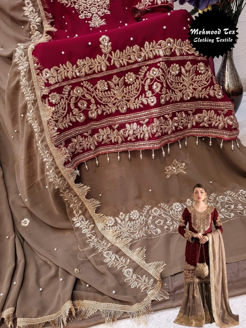 MEHMOOD TEX M 53 MAROON PAKISTANI SUITS WHOLESALE PRICE