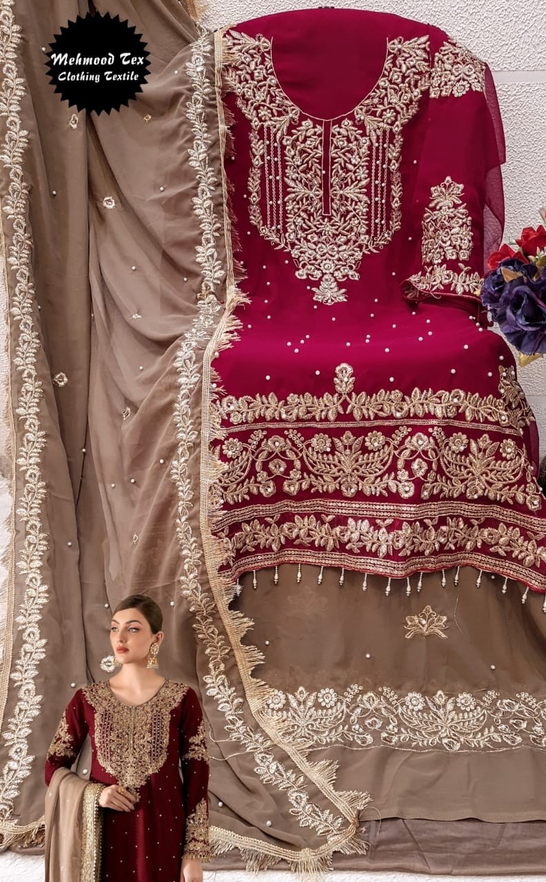 MEHMOOD TEX M 53 MAROON PAKISTANI SUITS WHOLESALE PRICE