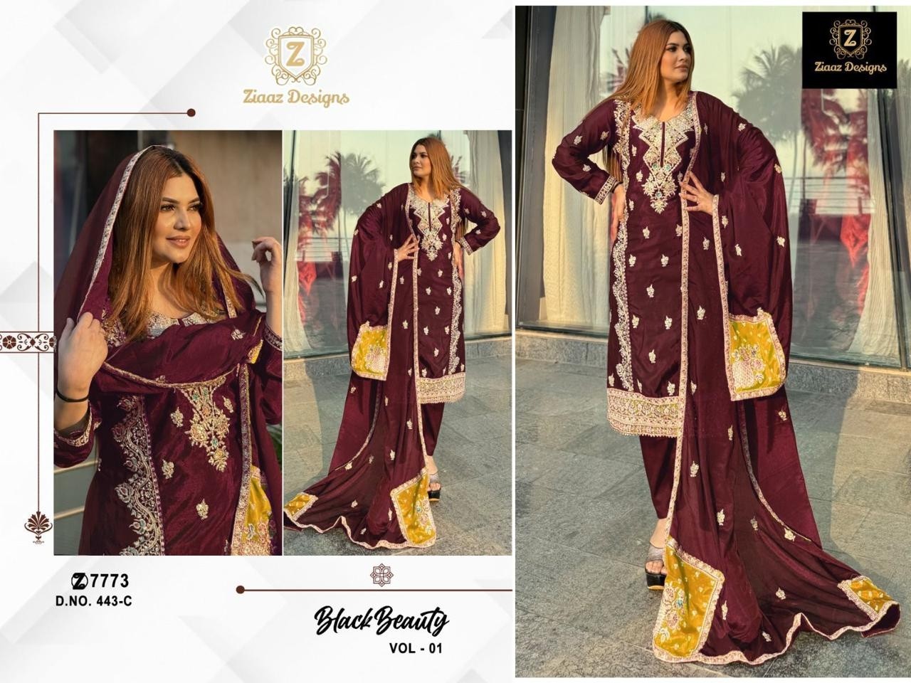 ZIAAZ DESIGNS 443 C PAKISTANI SUITS WHOLESALE SINGLE PIECE IN SURAT