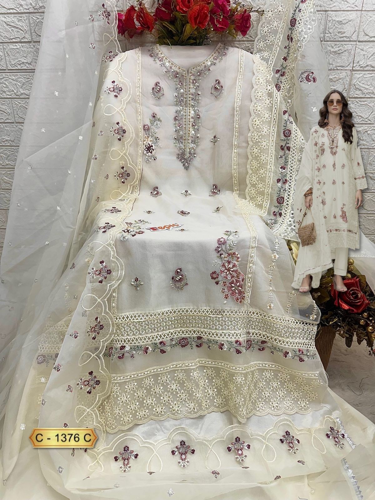 FEPIC ROSEMEEN C 1376 A TO 1376 C SALWAR SUITS ORGANZA EMBROIDERED
