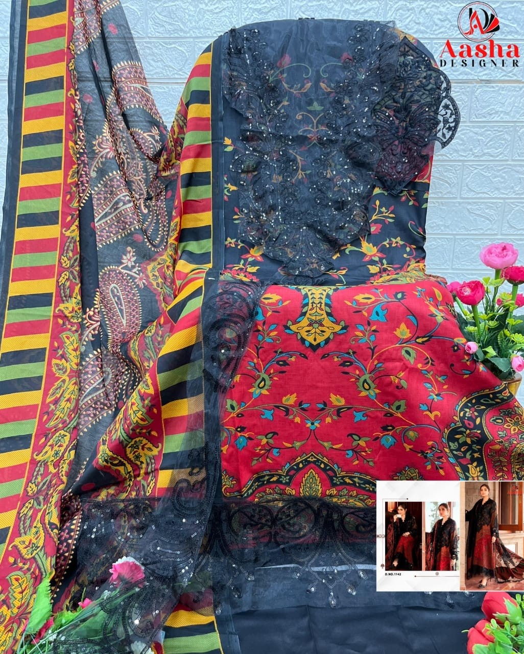 AASHA DESIGNER 1142 A B C COTTON PAITCH PAKISTANI SALWAR SUITS SINGLE