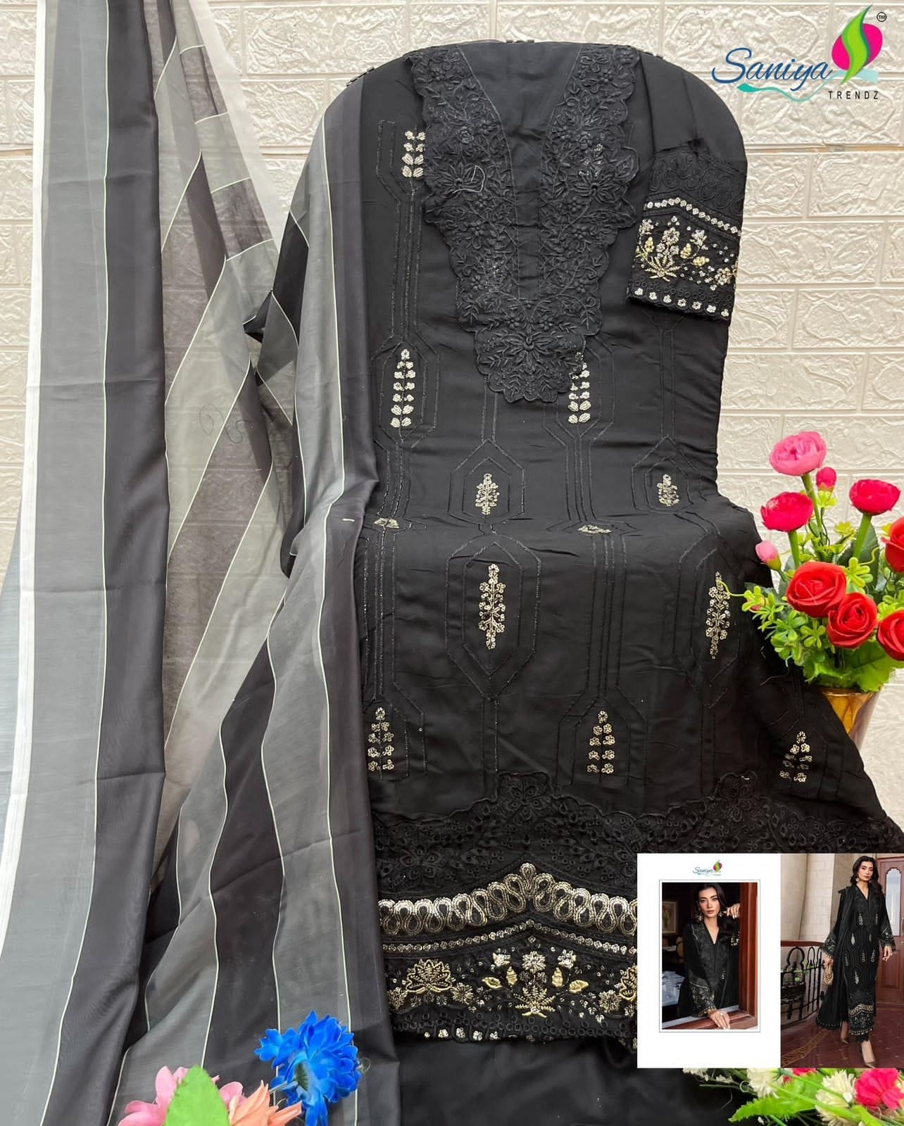 SANIYA TRENDZ 7120 C PAKISTANI SALWAR SUITS REYON WITH CHIKANKARI