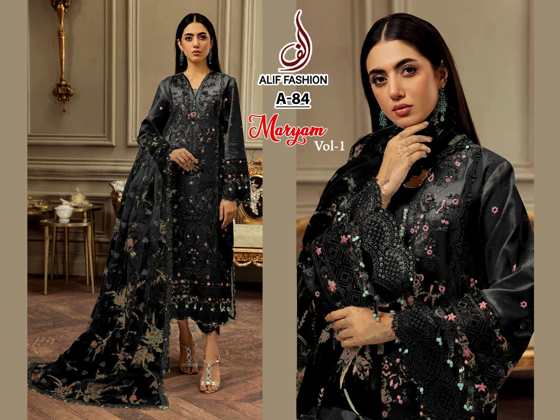 ALIF FASHION A 84 MARYAM VOL 1 BLACK PAKISTANI SUITS WHOLESALE