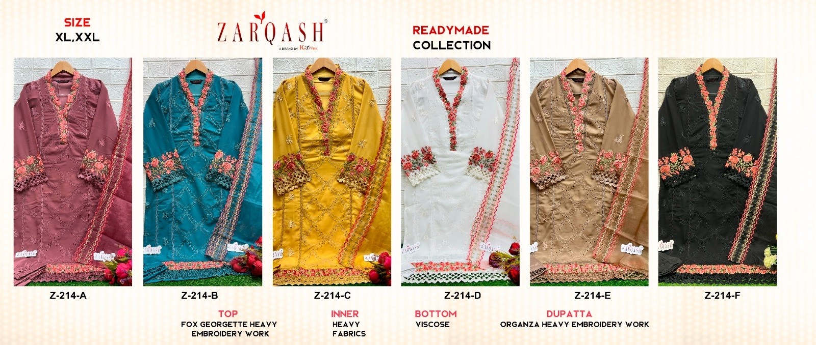 ZARQASH READYMADE COLLECTION 214 A B C STYLISH PAKISTANI SUITS WHOLESALE