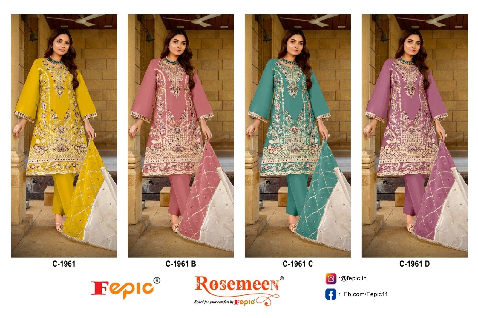 FEPIC ROSEMEEN C 1961 A TO 1961 D LATEST ORGANZA PAKISTANI SUITS