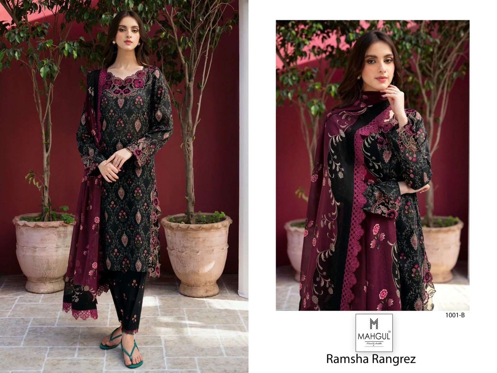 MAHGUL RAMSHA RANGREZ 1001 A B COTTON PAKISTANI SUITS SUPPLIER 