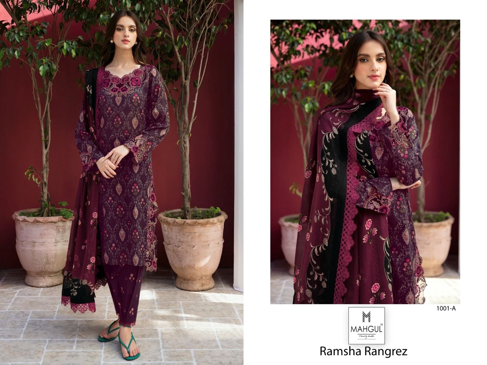 MAHGUL RAMSHA RANGREZ 1001 A B COTTON PAKISTANI SUITS SUPPLIER 