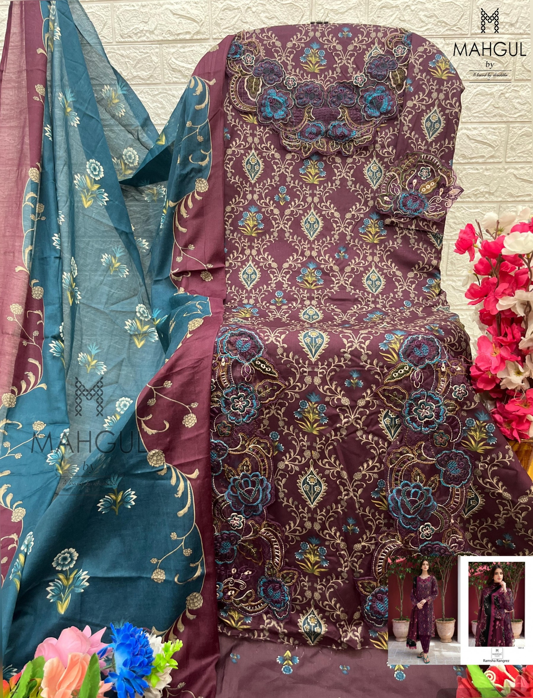 MAHGUL RAMSHA RANGREZ 1001 A B COTTON PAKISTANI SUITS SUPPLIER 