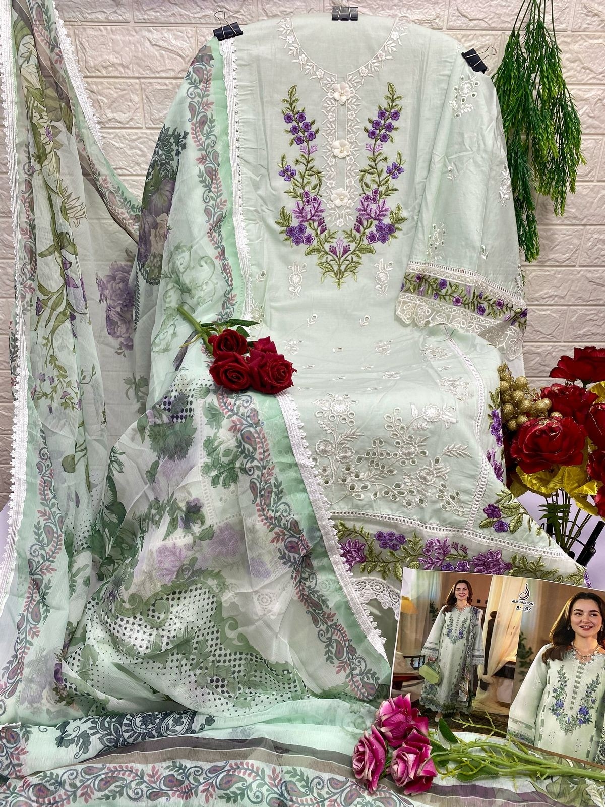 ALIF FASHION A 167 WHITE GREEN PAKISTANI SUITS MANUFACTURER