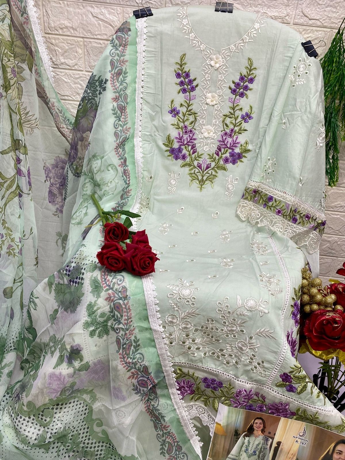 ALIF FASHION A 167 WHITE GREEN PAKISTANI SUITS MANUFACTURER