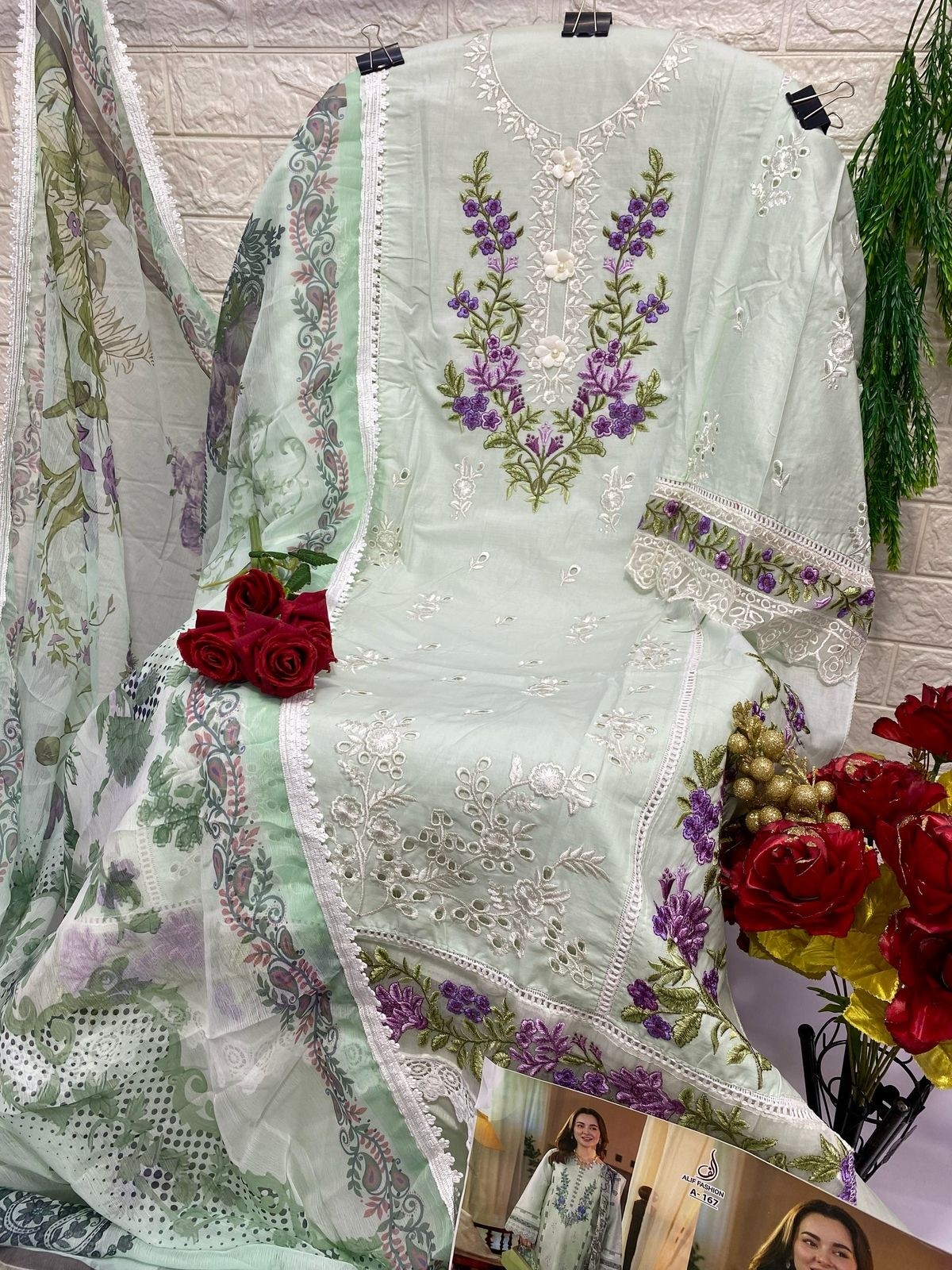 ALIF FASHION A 167 WHITE GREEN PAKISTANI SUITS MANUFACTURER