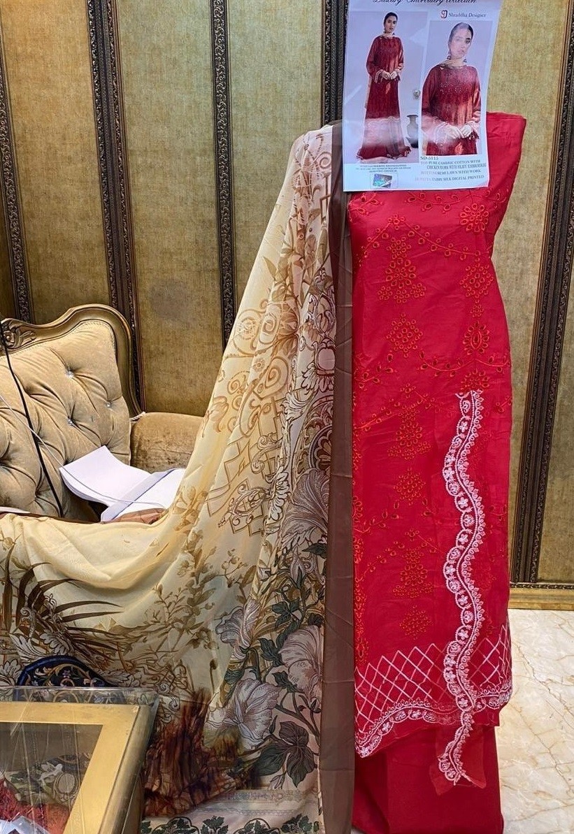 SHRADDHA DESIGNER 5115 LUXURY LAWN PREMIUM COLLETTION RED COLOUR PAKISTANI SUITS AVAILABAL