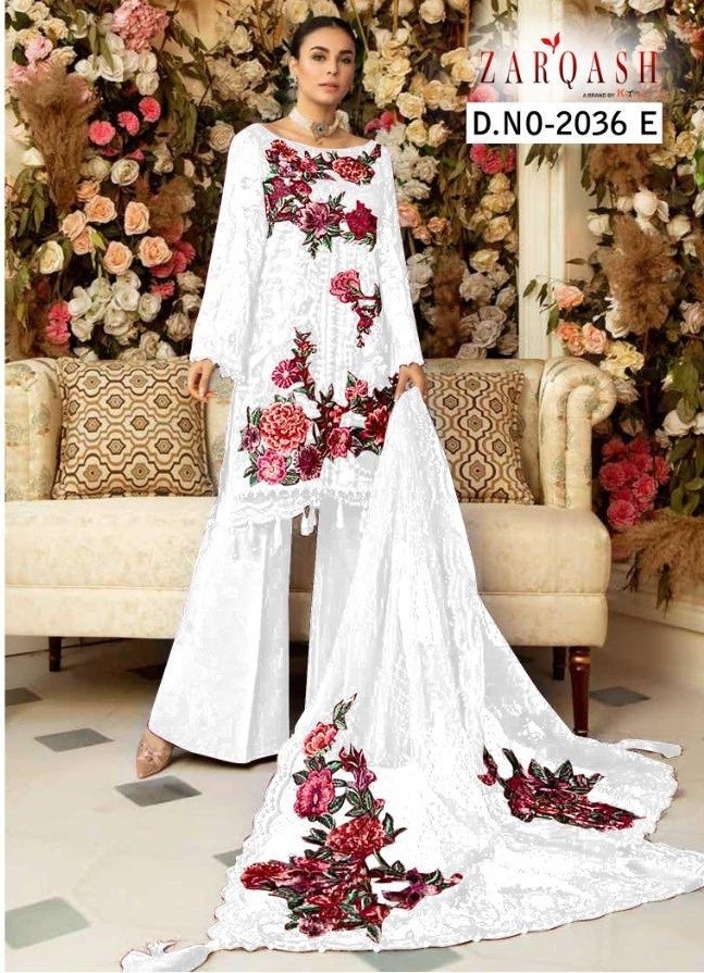 KHAYYIRA ZARQASH EID FESTIVE COLLECTION 2036-A TO 2036-E PAKISTANI SUITS BUTTERFLY NET DEALER 