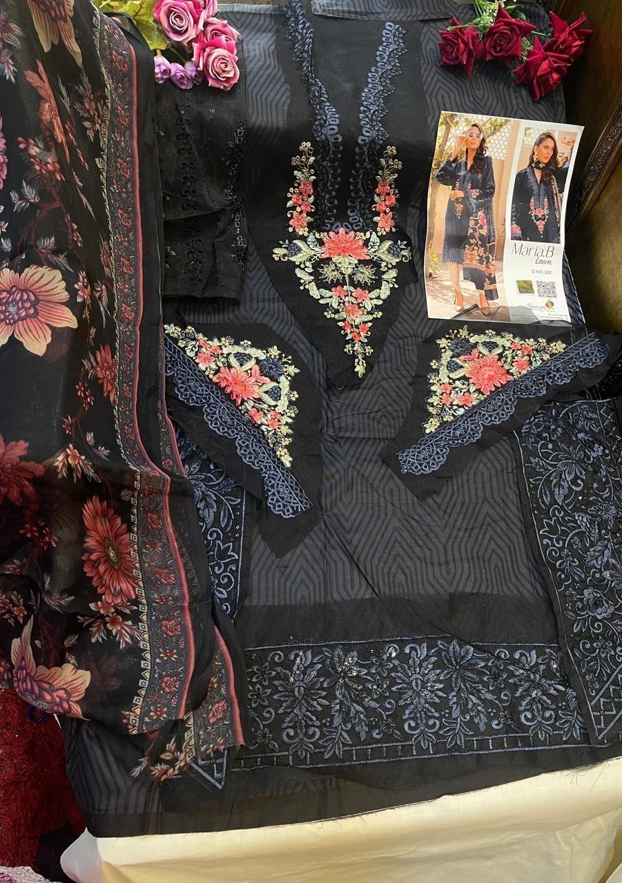 SANIYA TRENDZ MARIA.B LAWN 2021 302 BLACK BUTTERFLY NET WITH CHIFFON PRINT