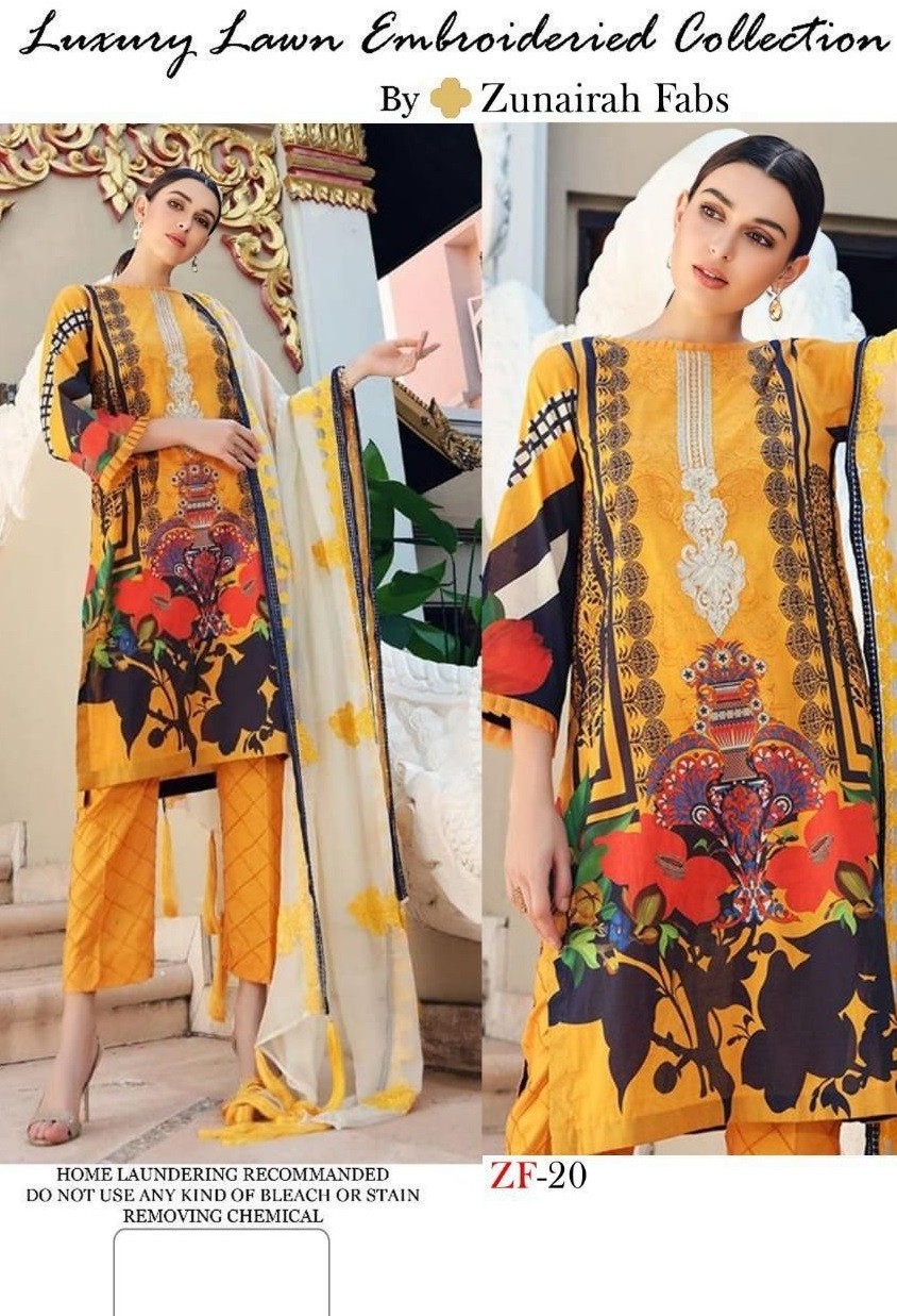 ZUNAIRAH FABS ZF 20 LUXURY EMBROIDERIED COLLECTION YELLOW COTTON DRESS