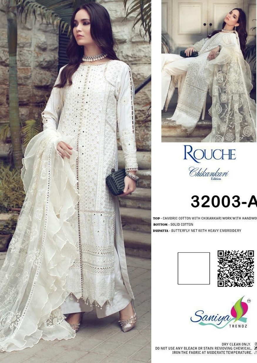 SANIYA TRENDZ ROUCHE 32003 A WHITE PREMIUM COLLECTION PAKISTANI SUITS