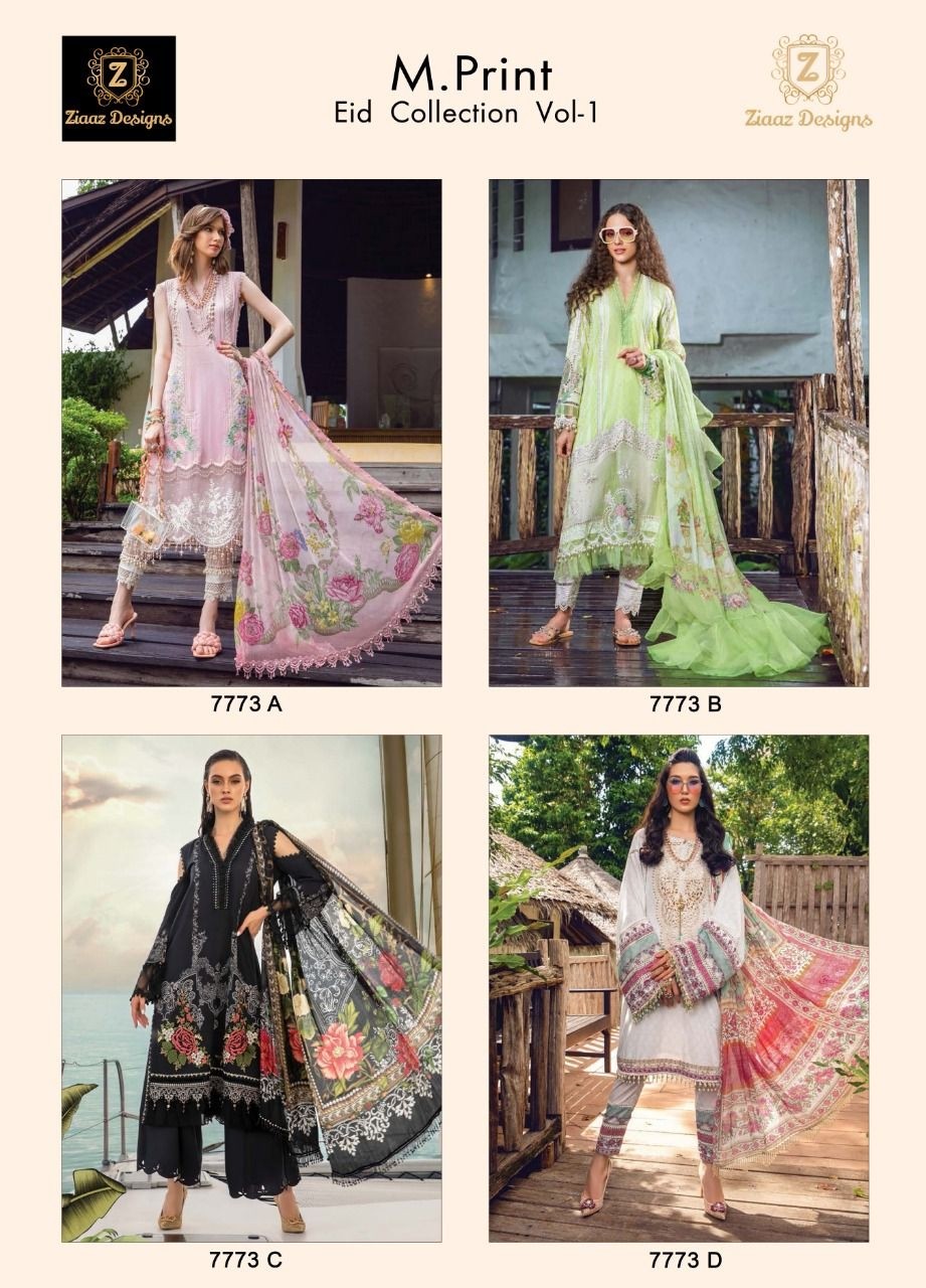 ZIAAZ DESIGNS 7773 A TO 7773 D M PRINT EID COLLECTION VOL 1 LATEST CATALOUGE PAKISTANI SUITS