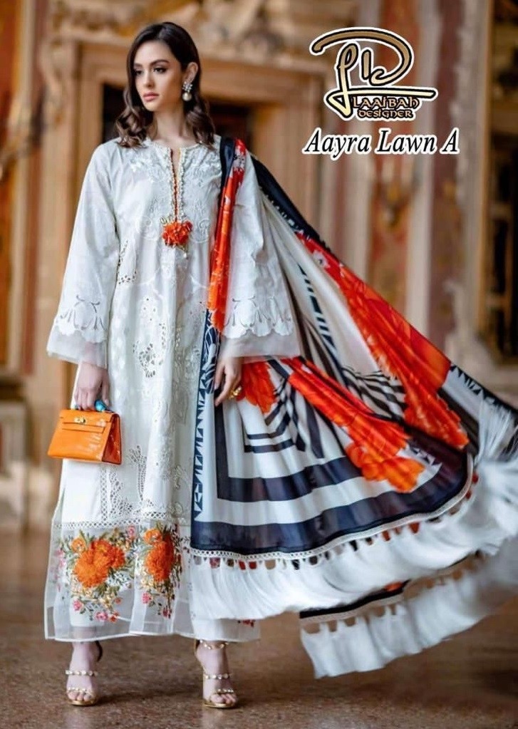 LAAIBAH DESIGNER AAYRA  LAWN A WHITE DRESS PAKISTANI SUITS