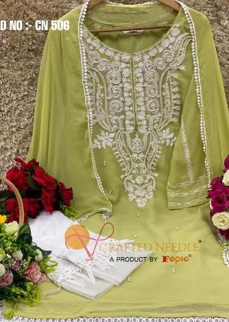 FEPIC CRAFTED NEEDLE 506 GREEN NEW PAKISTANI KURTIS PEARLS WORK 
