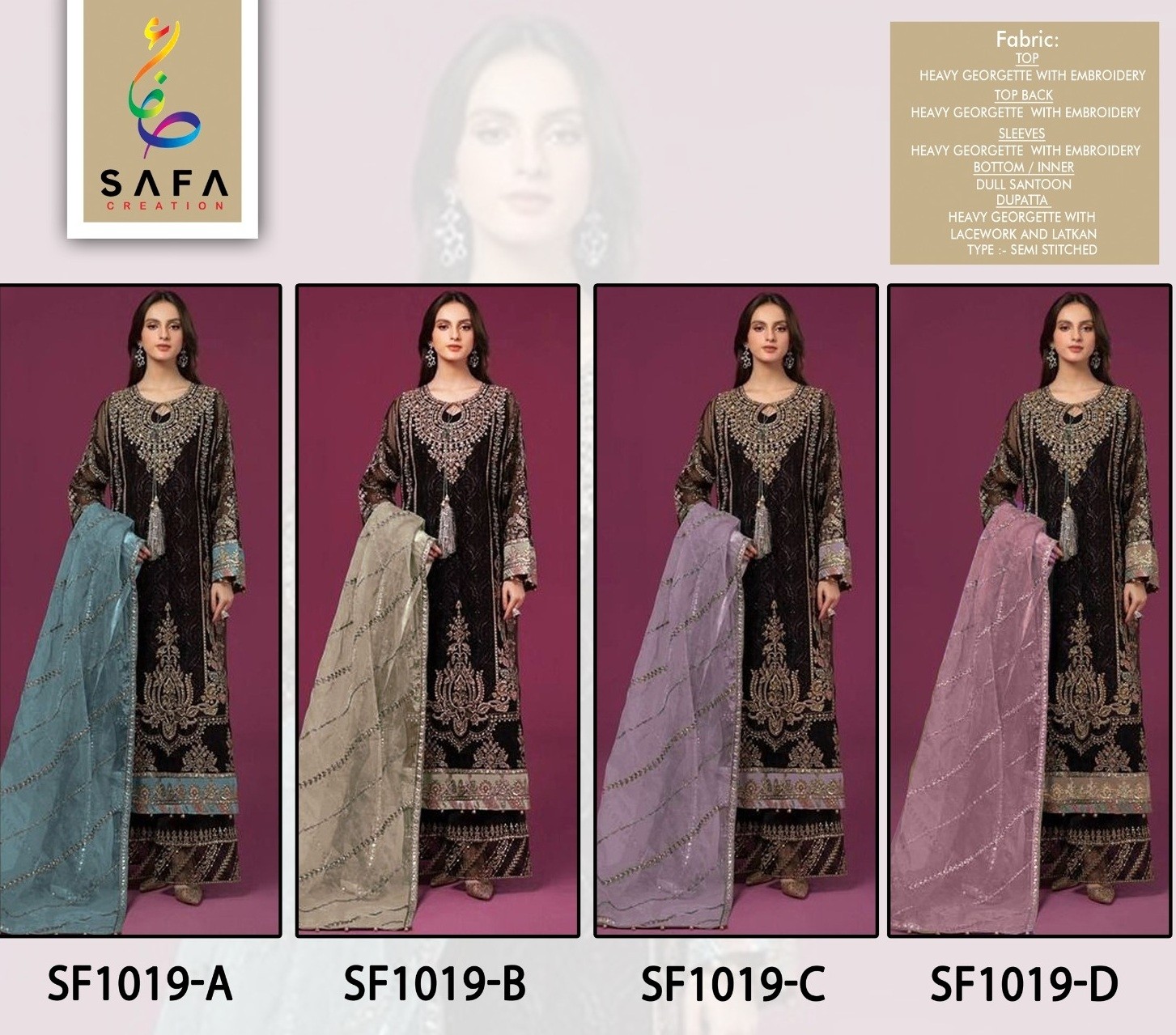 SAFA CREATION SF 1019 A  TO 1019 D PAKISTANI SUITS SINGLE PIECE 