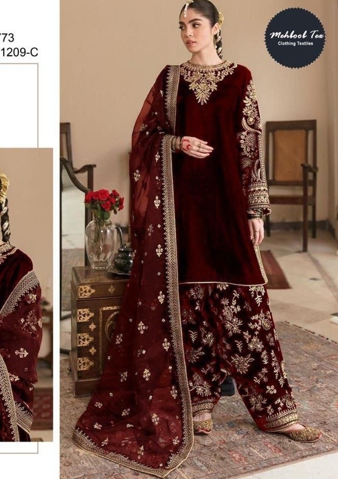 MEHBOOB TEX 1209 C VELVET PAKISTANI SUITS MAROON SHED