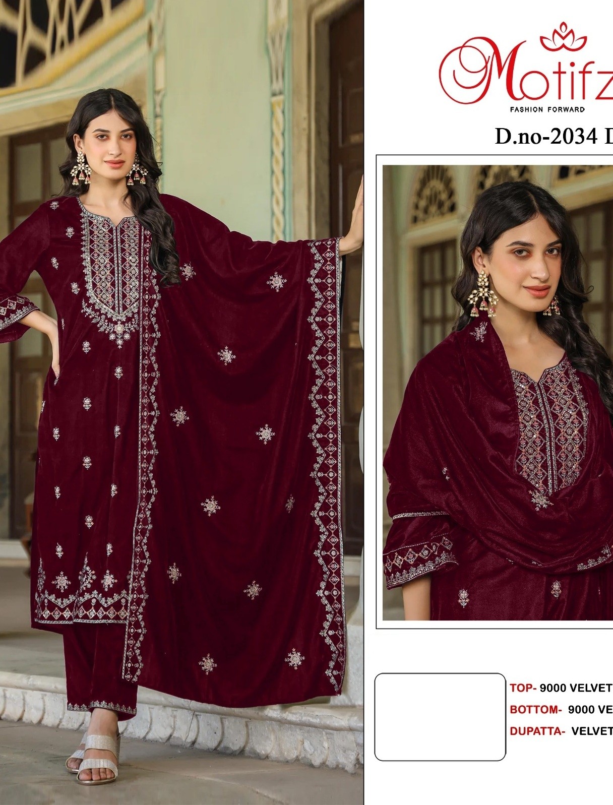 MOTIFZ 2034 D VELVET PAKISTANI SALWAR SUITS RED ONLINE SHOPPING