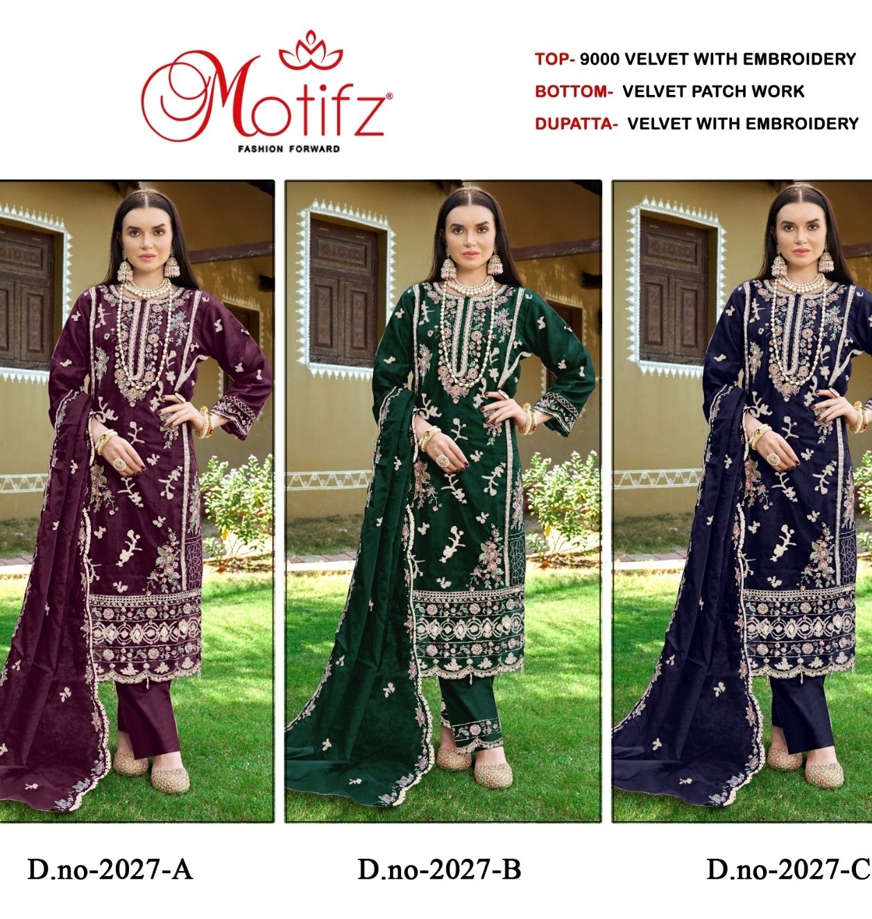 MOTIFZ 2027 A TO 2027 D VELVET PAKISTANI SUITS SINGLE PIECE