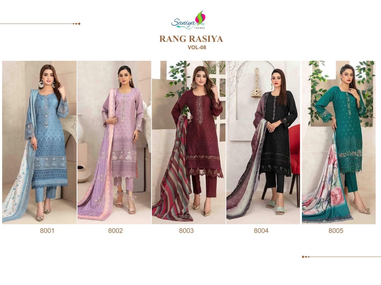 SANIYA TRENDZ 8001 8002 8003 8004 8005 RANG RASIYA VOL 8 PAKISTANI SUITS SINGLE PIECE