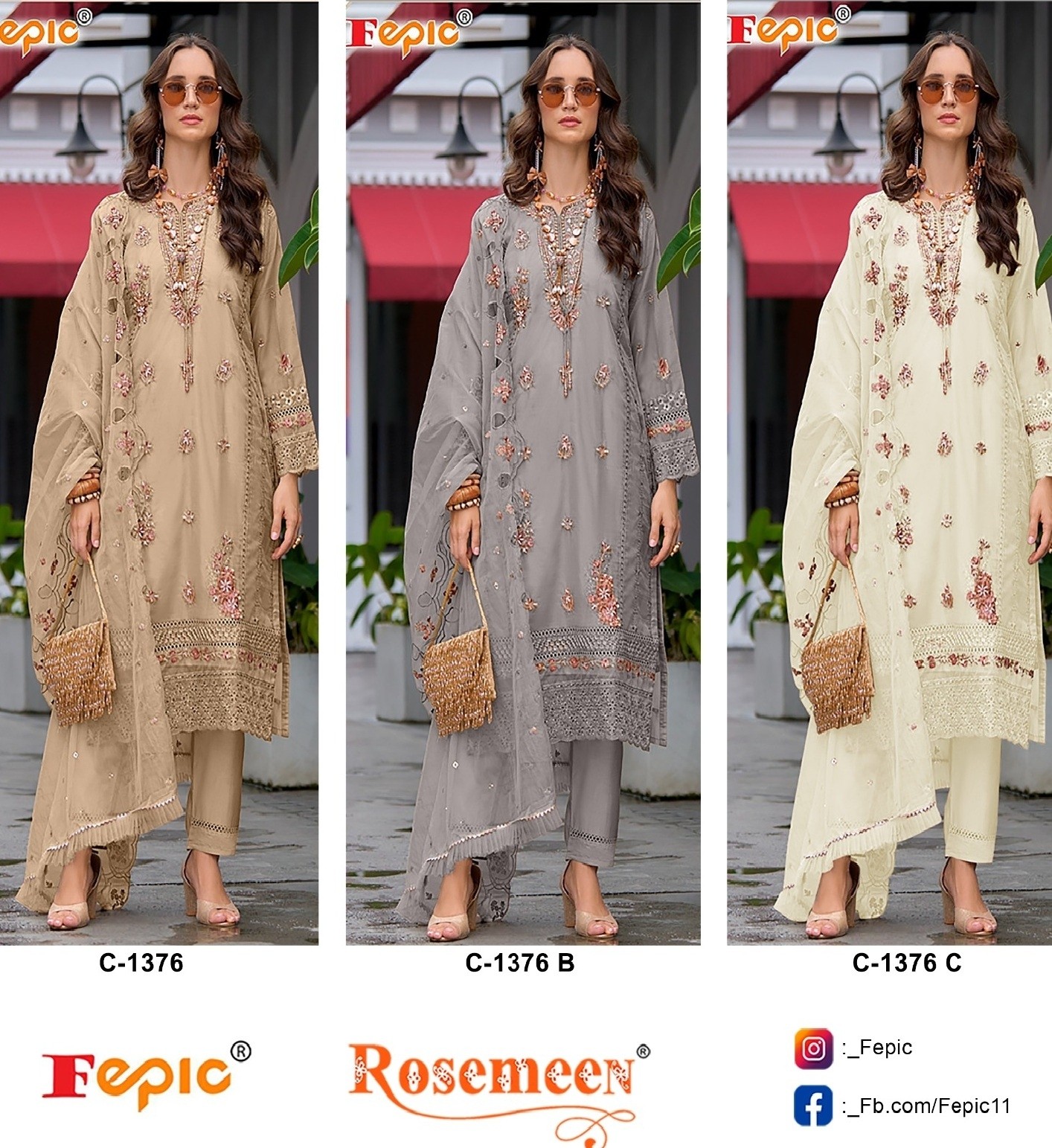 FEPIC ROSEMEEN C 1376 A TO 1376 C SALWAR SUITS ORGANZA EMBROIDERED