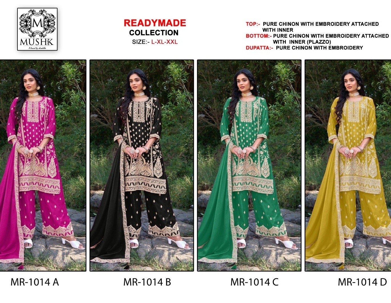 MUSHK MR 1014 A B C D PURE CHINON PAKISTANI SUITS