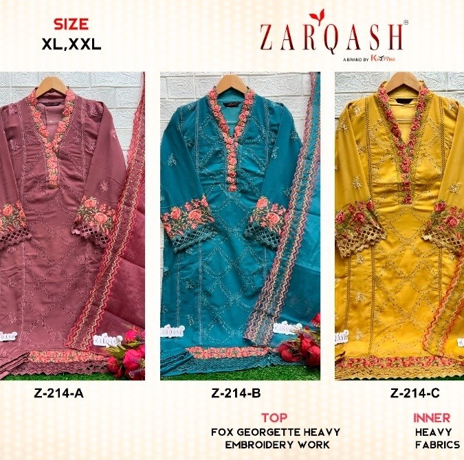 ZARQASH READYMADE COLLECTION 214 A B C STYLISH PAKISTANI SUITS WHOLESALE