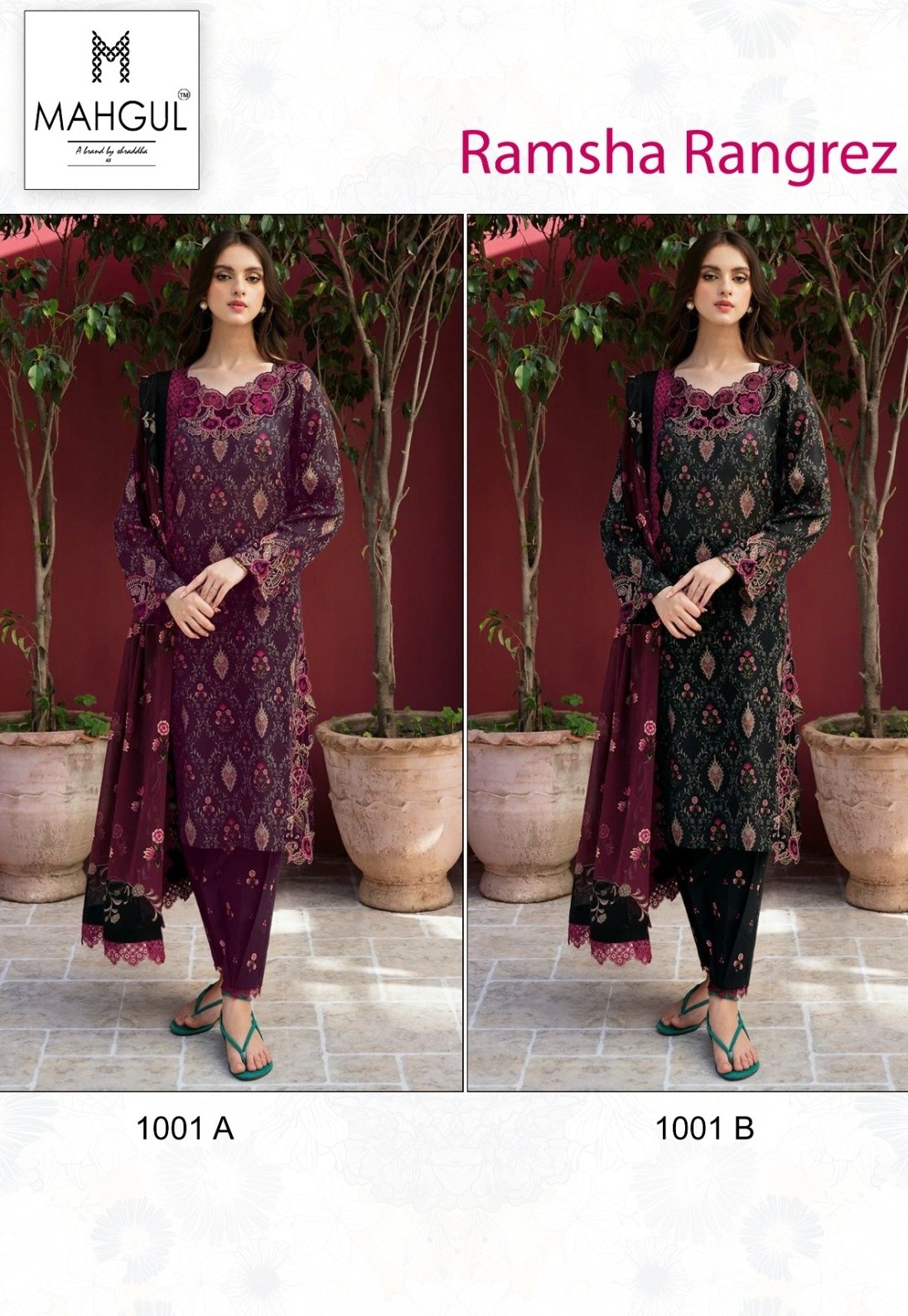 MAHGUL RAMSHA RANGREZ 1001 A B COTTON PAKISTANI SUITS SUPPLIER 