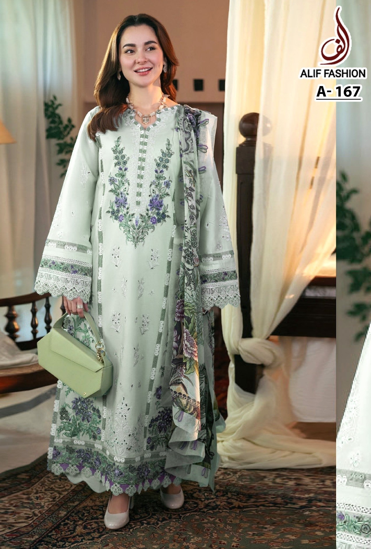 ALIF FASHION A 167 WHITE GREEN PAKISTANI SUITS MANUFACTURER