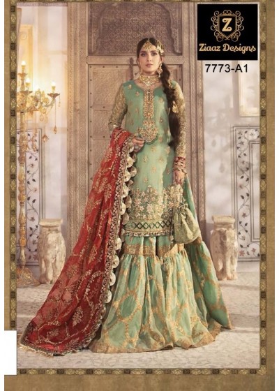 ZIAAZ DESIGNS MARIA B MBROIDERED COLLECTION 7773 A1 GREEN PAKISTANI SUITS WHOLESALE 